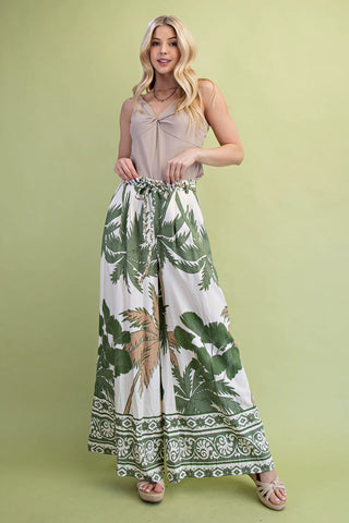 Tropical Palm Flowy Wide Leg Pants with Braided Rope Belt  Cream