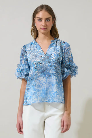 Tierra Floral Endry Ruffle Blouse, BLUES