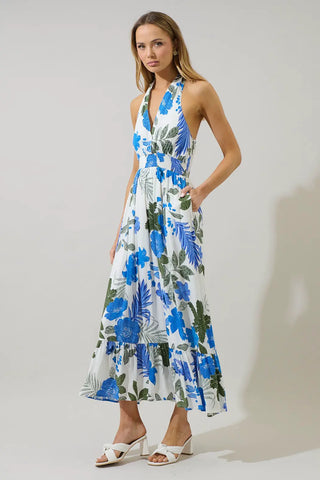 Zurie Floral Niam Smocked Midi Dress, WHT-BLUE-GREEN