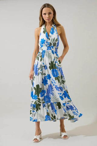 Zurie Floral Niam Smocked Midi Dress, WHT-BLUE-GREEN