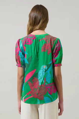 Meig Tropical Neli Split Neck Top, KELLY-PINK