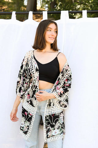 Boho Chic Embroidered Heirloom Kimono Black