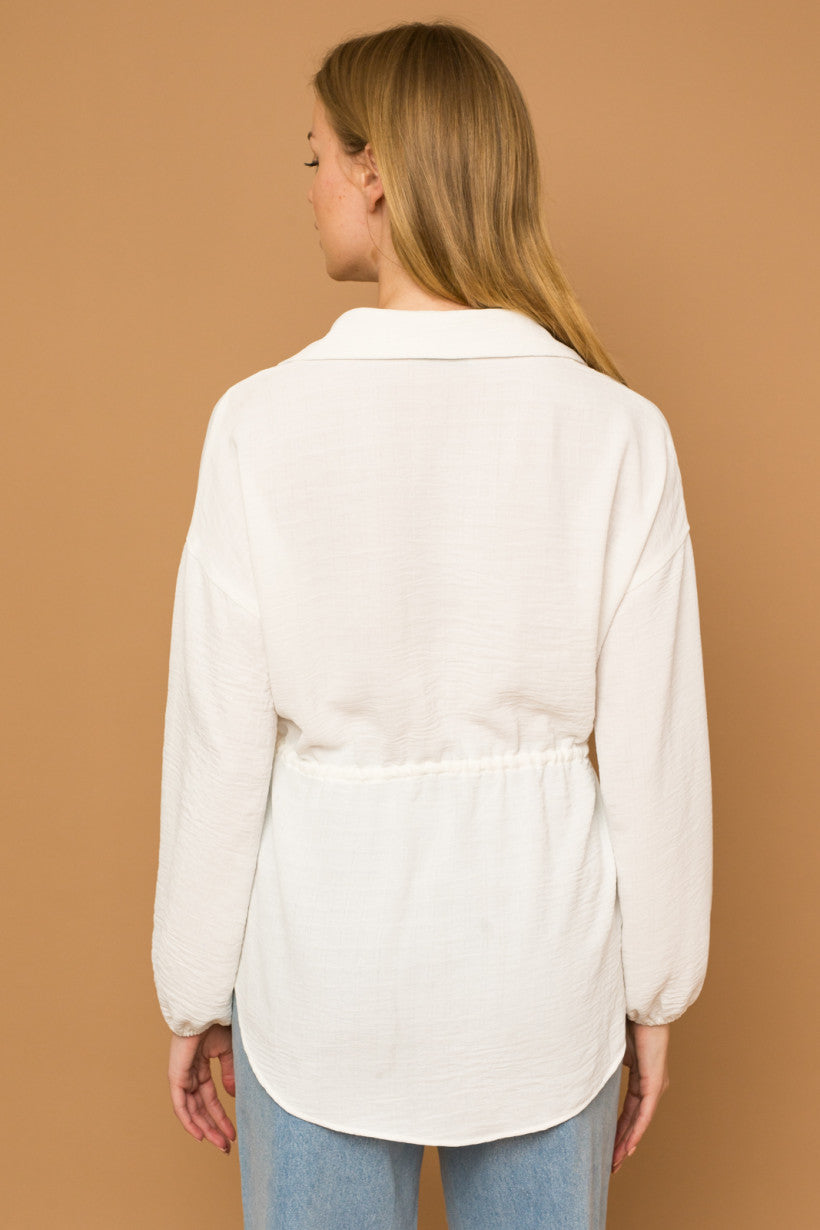 Drawstring Waist Button Down Blouse