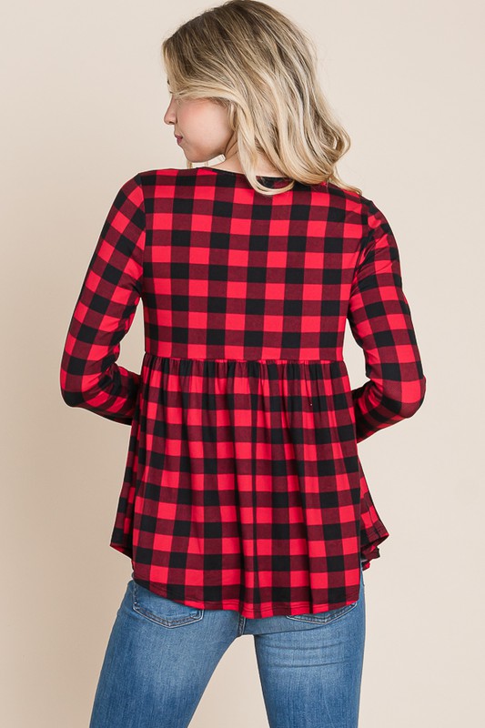 Buffalo Plaid Peplum Long Sleeve Top