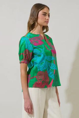Meig Tropical Neli Split Neck Top, KELLY-PINK