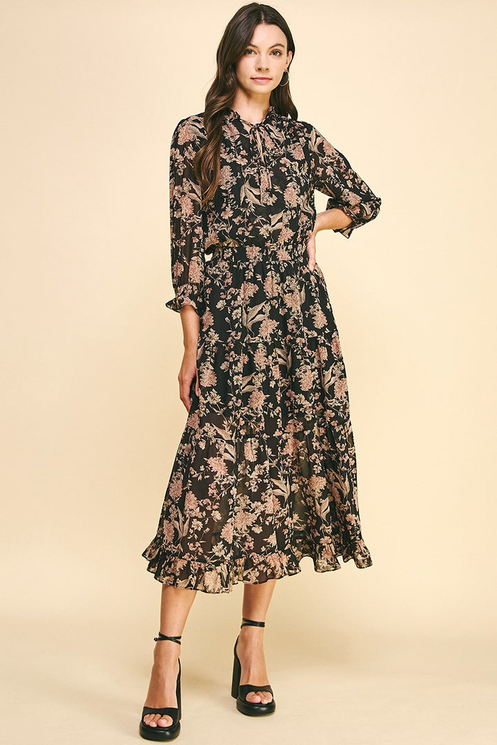 3/4 Sleeve Floral Chiffon Midi Dress, Black