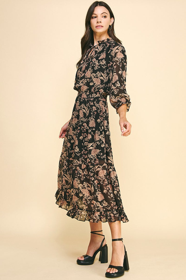3/4 Sleeve Floral Chiffon Midi Dress, Black