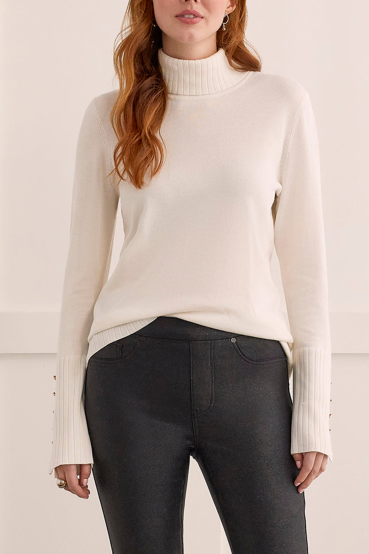Button Cuff Turtleneck Sweater, Cream
