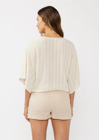 Jacquard Striped Linen Tie Front Top  with Kimono Sleeve Natural
