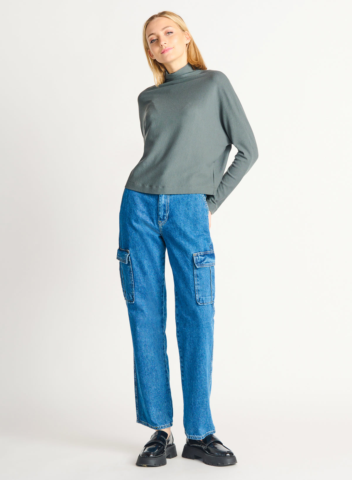 Ribbed Mock Neck Dolman Knit Top