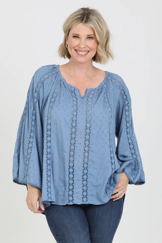 Elemental Blue Swiss Dot Top Open Crochet Bell Sleeve Blouse