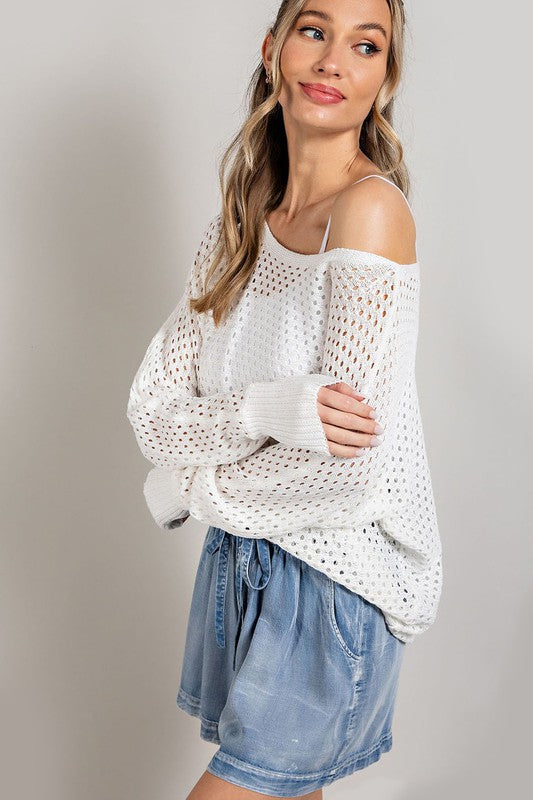 Lightweight Eyelet Knit Sweater, Off White
