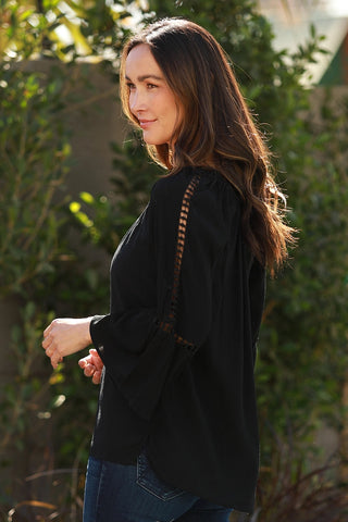 Flared Sleeve Gauze Flowy Top with Gathered Neckline