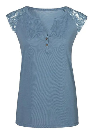 Women's Short Lace Sleeve Knit Top Blue V-Neck with Buttons
