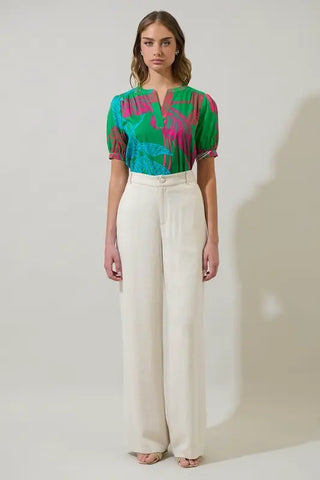 Meig Tropical Neli Split Neck Top, KELLY-PINK