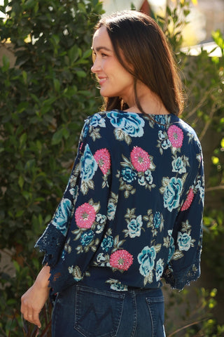 Tie Front Blue Floral Top with Crochet Trim and Pink Flowers