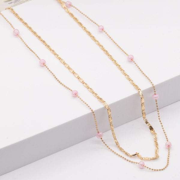 Double Layered Chain Link Bead Necklace, Pink