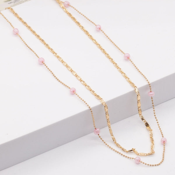 Double Layered Chain Link Bead Necklace, Pink