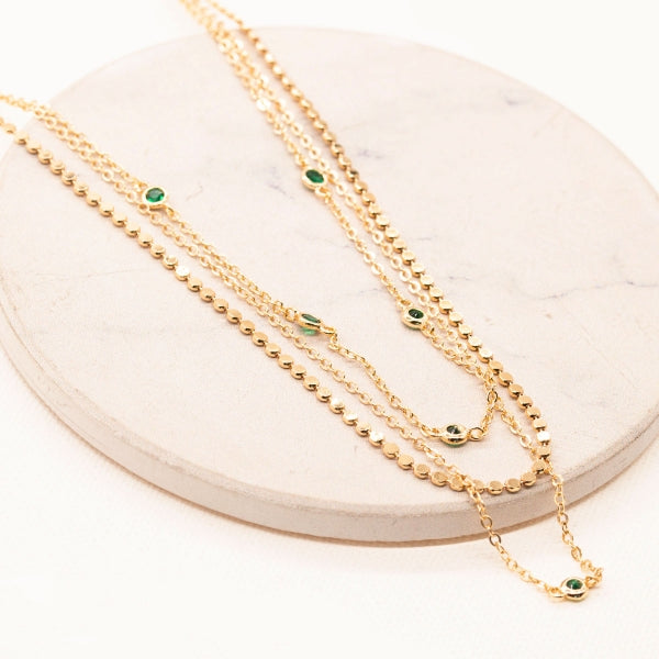 Triple Layer Dainty CZ Chain Necklace, Gold/Green