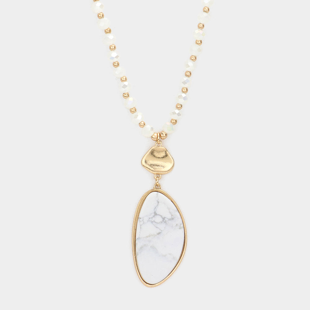 Semi Precious Stone Pendant Beaded Long Necklace, White