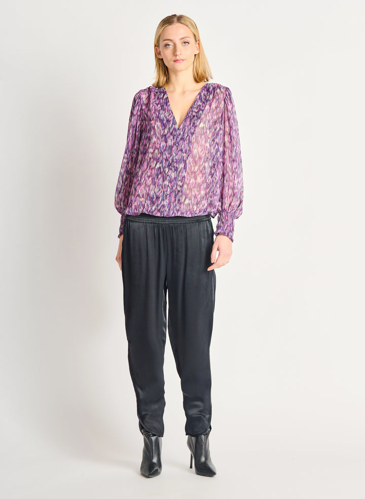 Smocked Cuff Printed Blouse