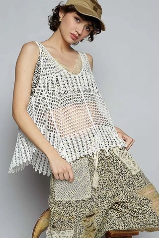 Off White Crochet Sweater Tank with Curved Hem