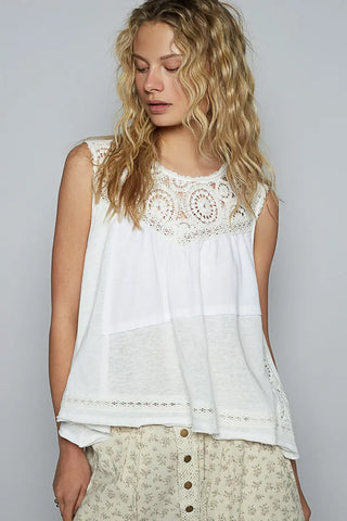 White Knit Flowy Top with Crochet and Button Back