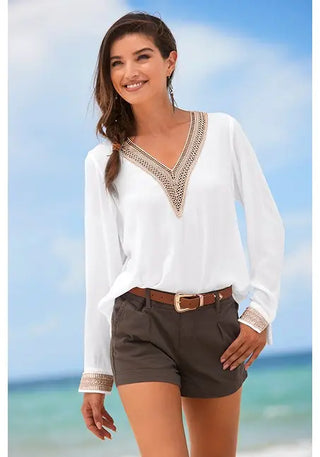 Lascana Women's Crochet Trim V-Neck Blouse White