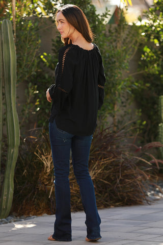 Flared Sleeve Gauze Flowy Top with Gathered Neckline