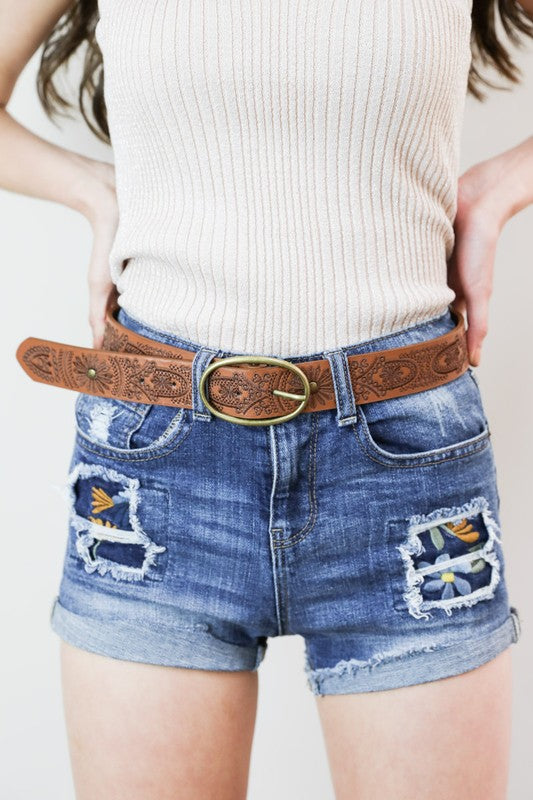 Floral Stitched Oval Buckle Belt, Camel