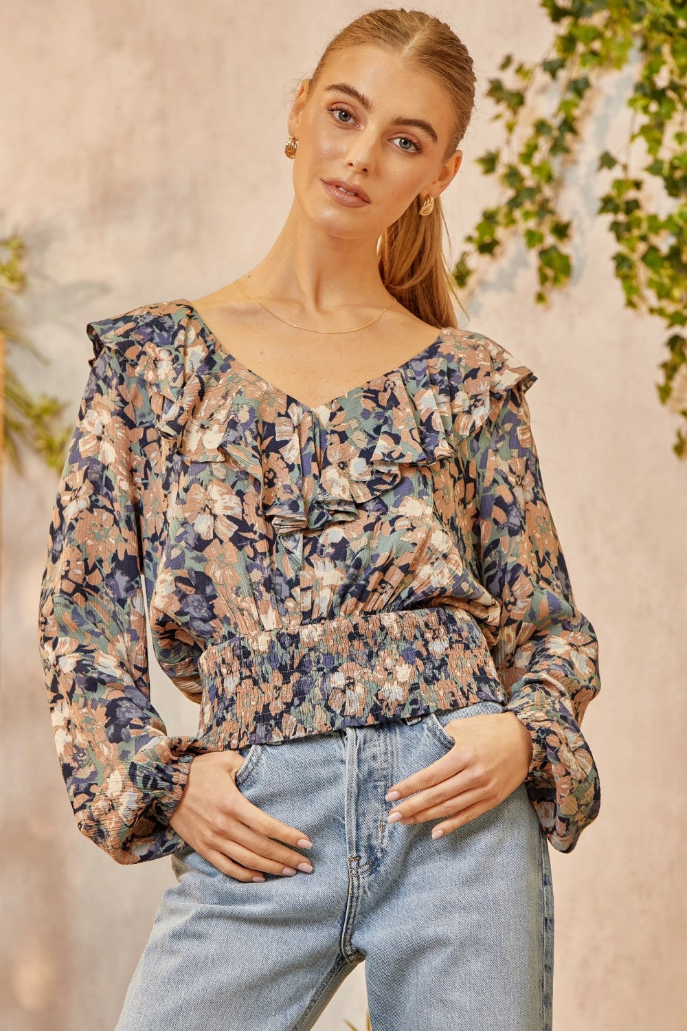 Floral Ruffled Open Back Blouse