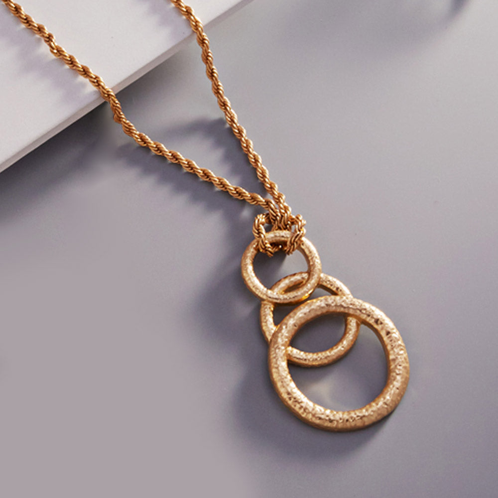 Triple Open Metal Circle Link Pendant Necklace, Gold