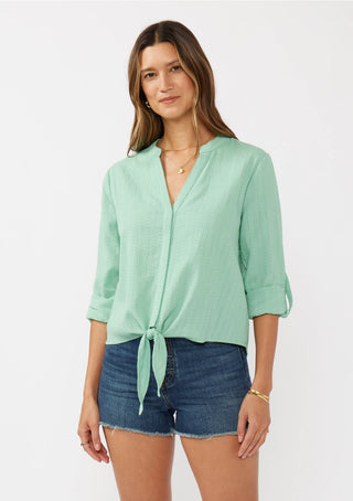 Tie Front Button Up Shirt with Roll Tab Sleeve - Seafoam Cotton