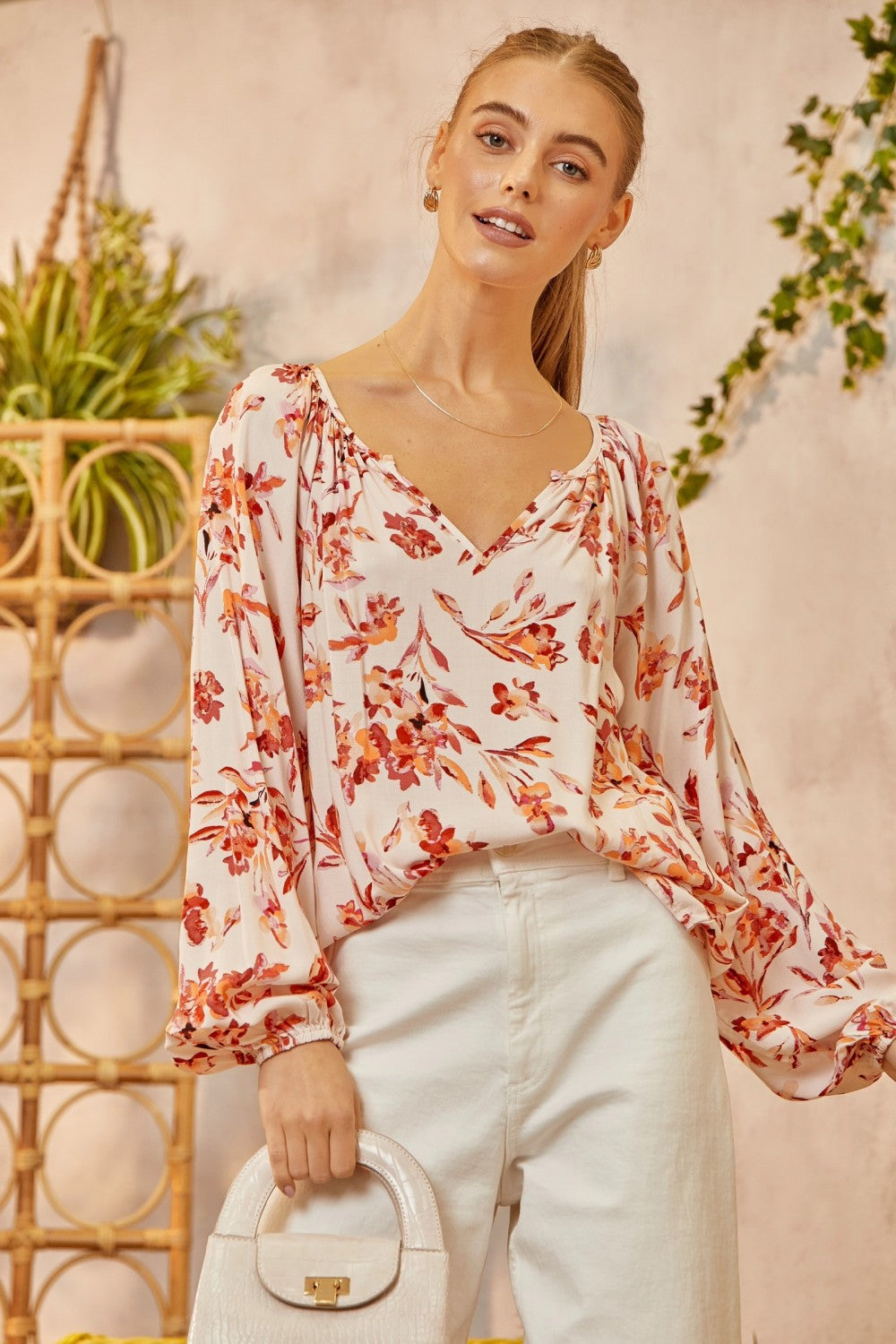 Split Neck Floral Woven Top
