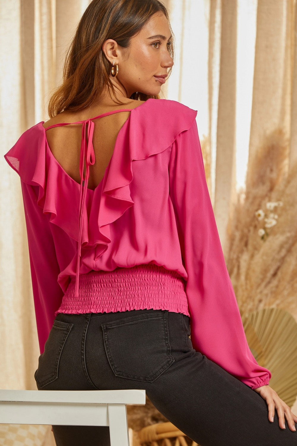 Ruffled Neck Open Back Blouse, Hot Pink