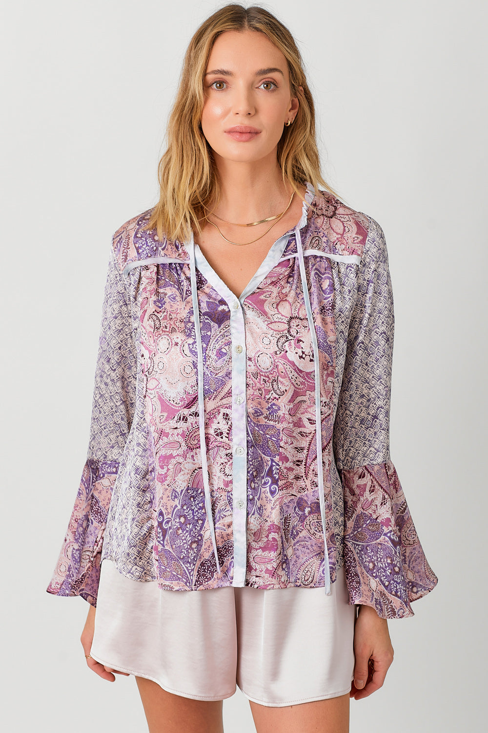 Floral Bell Sleeve Silky Top, Lilac Mix