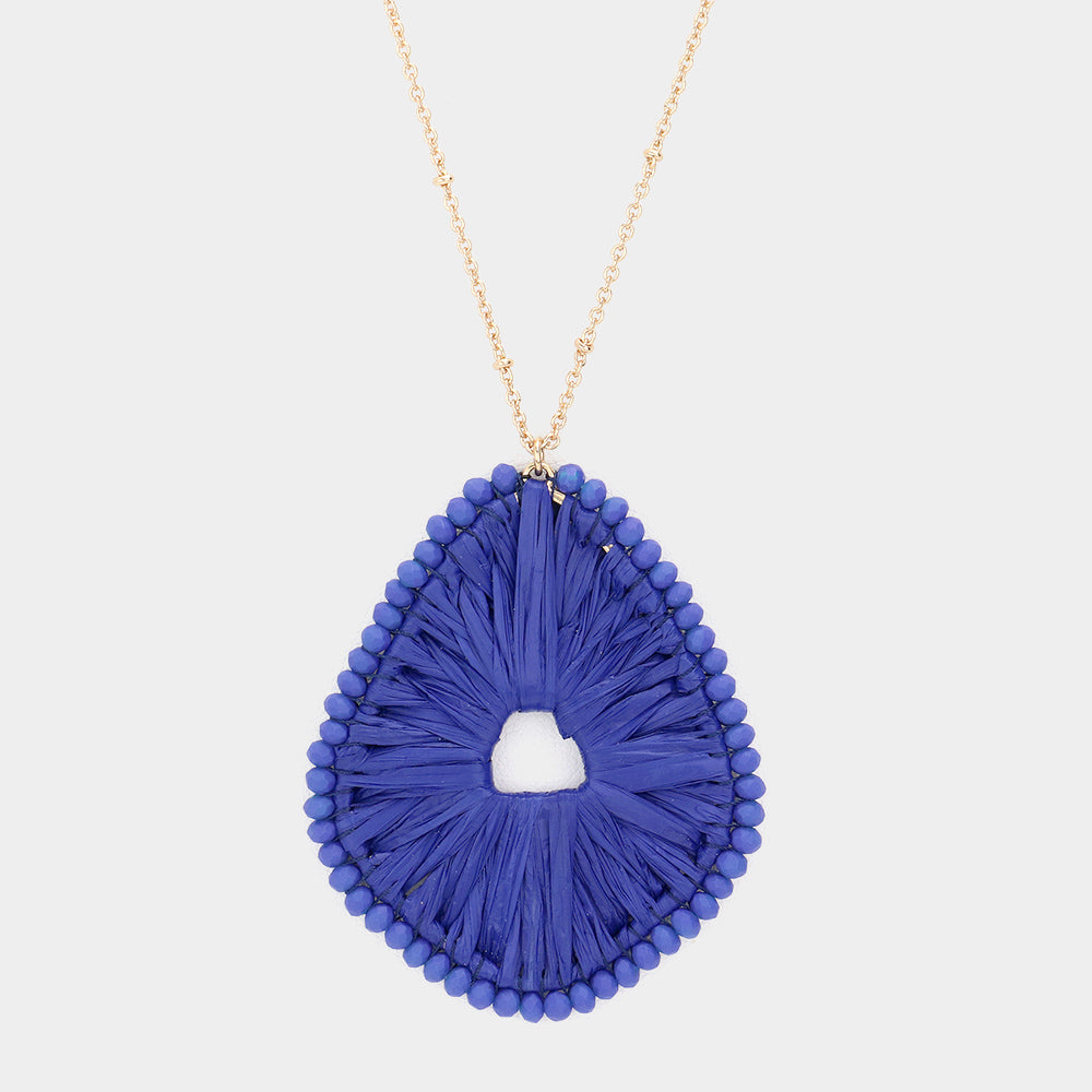 Woven Raffia Pendant Long Necklace, Blue