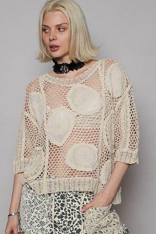 Embroidered Medallion Crochet Short Sleeve Top