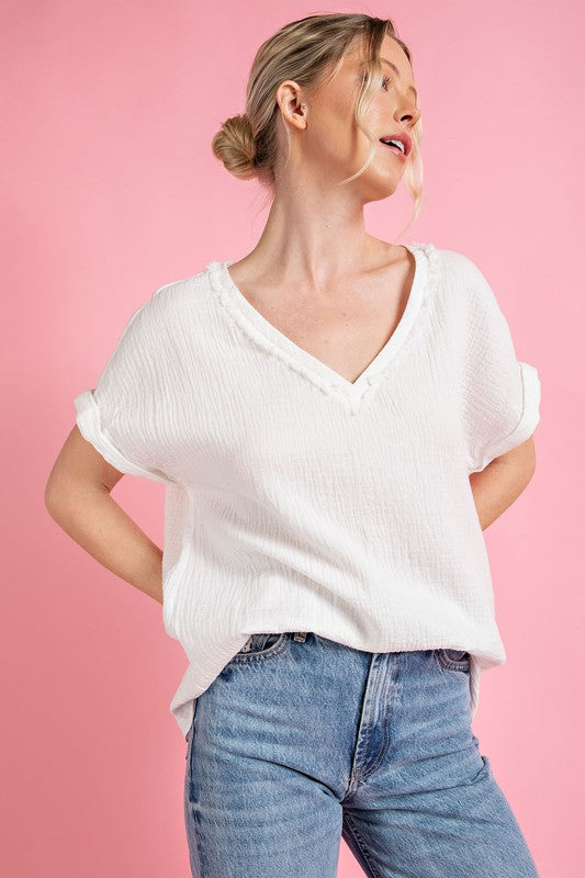 Fringe Trim V Neck Top