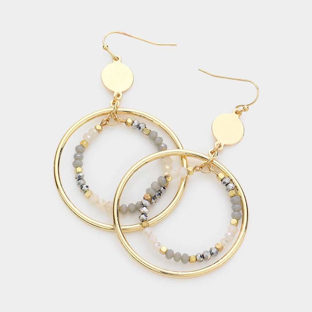 Faceted Beaded Open Circle Dangle Earrings, Grey