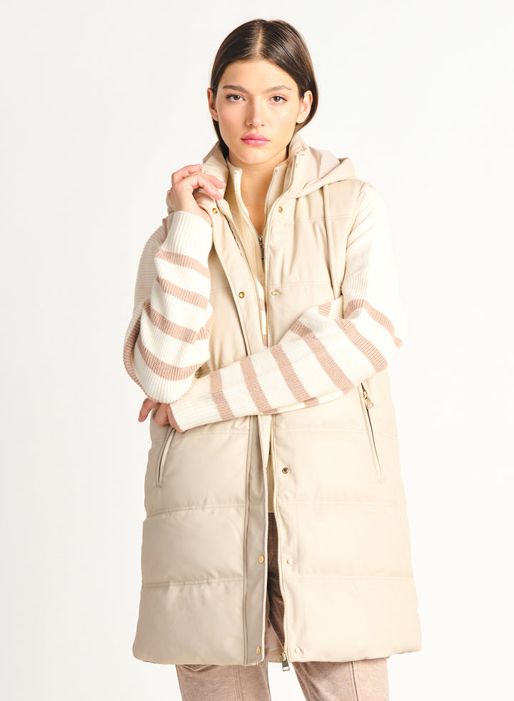 Hooded Faux Leather Puffer Vest