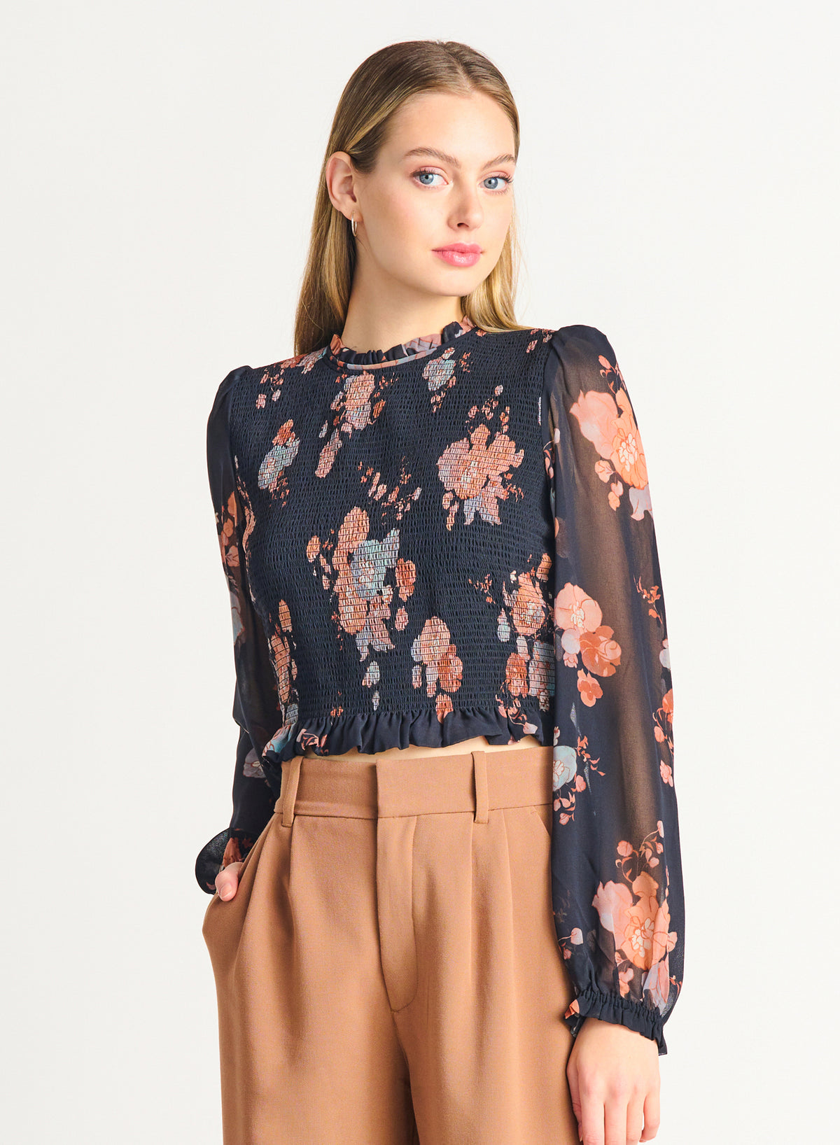 Smocked Floral Chiffon Sleeve Blouse