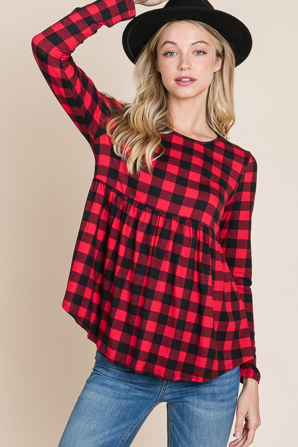 Buffalo Plaid Peplum Long Sleeve Top