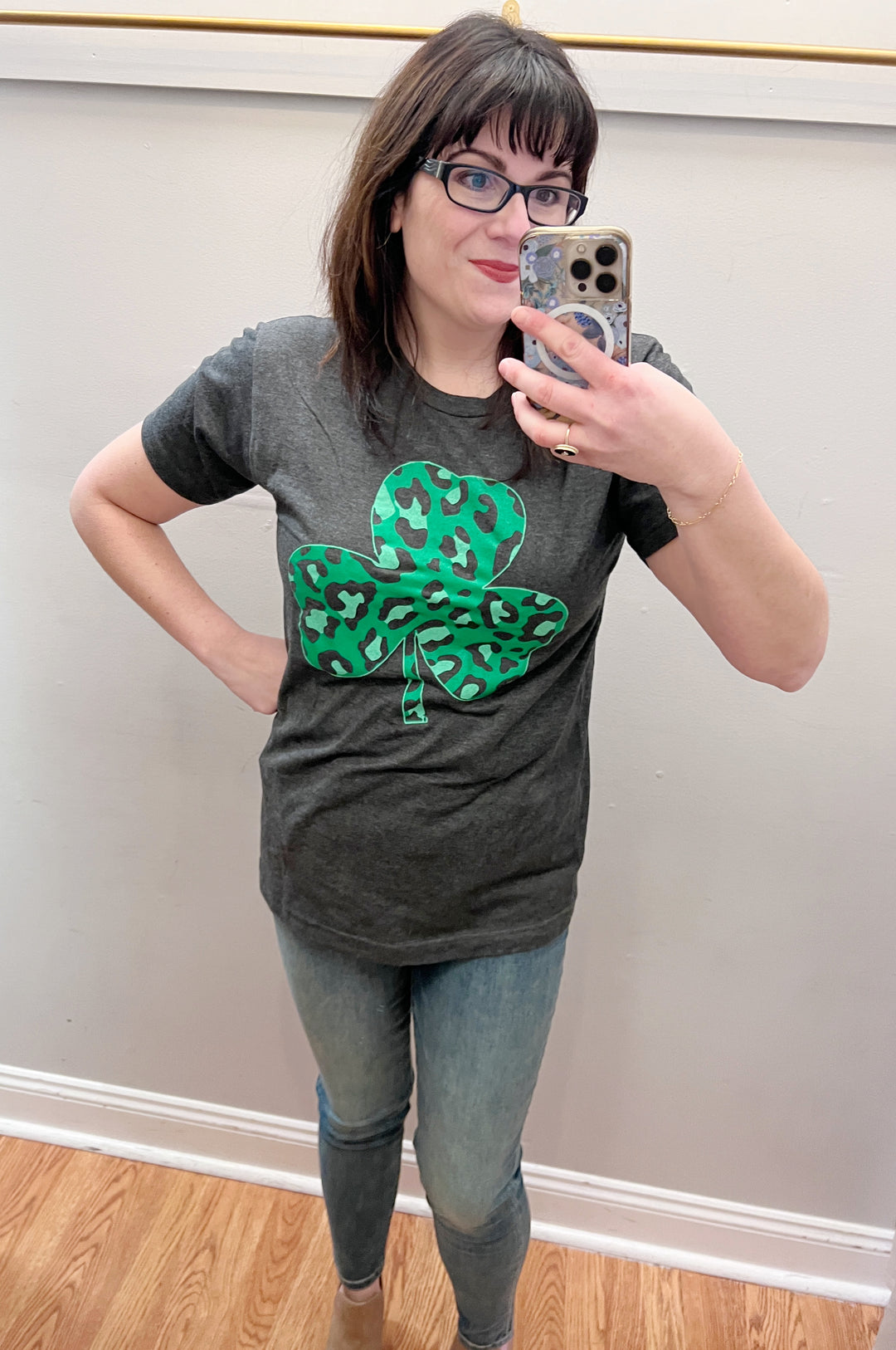 St. Patrick's Leopard Shamrock Graphic Tee Charcoal