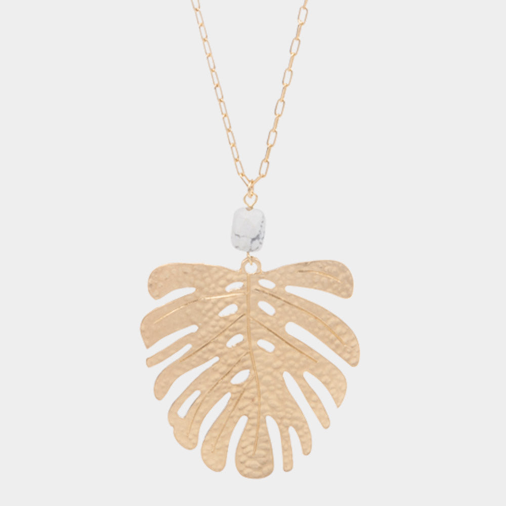 Gold Leaf Pendant w/ Precious Stone Necklace, Howlite