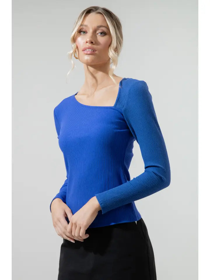 Aleda Ribbed Asymmetrical Neck Two Toned Top