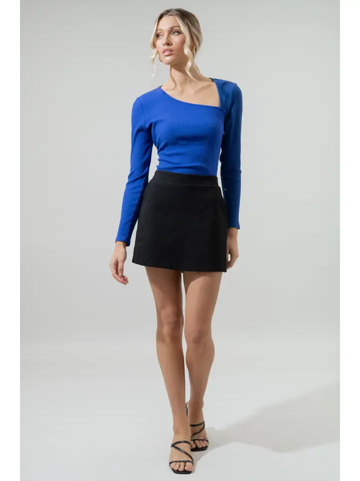 Aleda Ribbed Asymmetrical Neck Two Toned Top