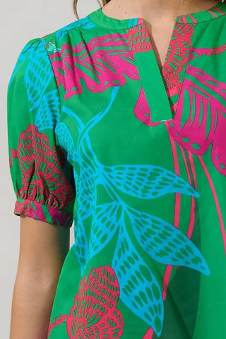 Meig Tropical Neli Split Neck Top, KELLY-PINK