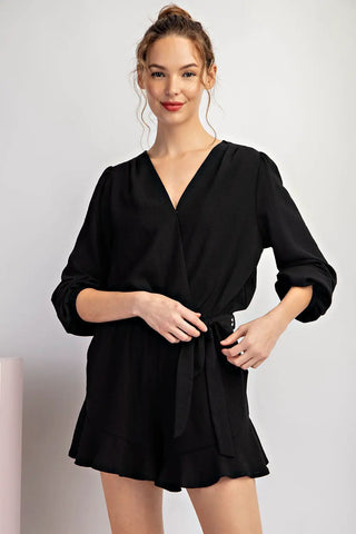 V-Neck Waist Tie Romper Black
