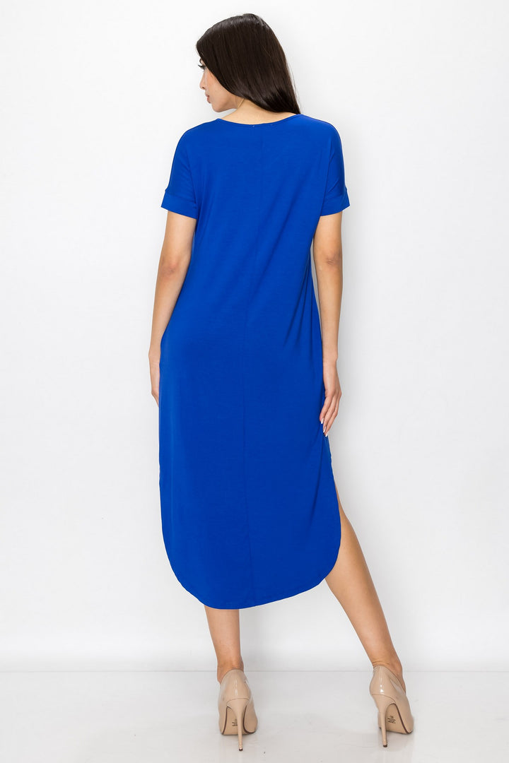Women's Casual Curved Hem Midi Dress w/ Pockets, Royal Blue